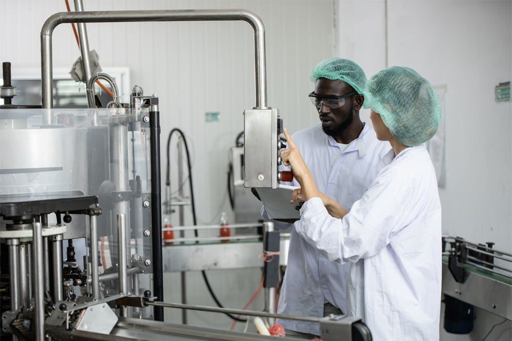 Male and female employees working together in a food factory.